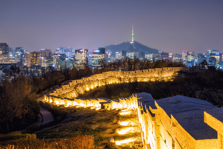 Cityscape night view of Seoul and Namsan Seoul Tower, South Koreaのeditorial素材