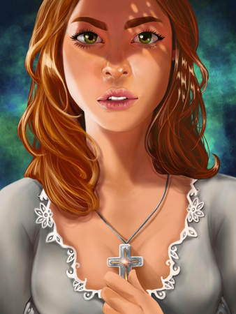 Digital painting of fantasy young princess holding a cross necklace portrait close upの写真素材