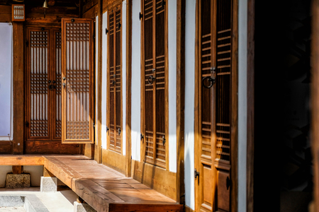 Detail and close up traditional Korean style architecture at Bukchon Hanok Village in Seoul, South Korea.のeditorial素材