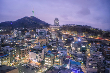 Cityscape night view of Seoul and Namsan Seoul Tower, South Koreaの写真素材