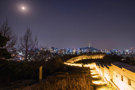Cityscape night view of Seoul and Namsan Seoul Tower, South Koreaの写真素材