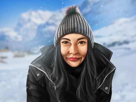 Beautiful painting of a young woman with snow backgroud, digital paintingの写真素材