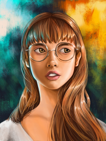 Close up Digital painting portrait of young woman wearing glassesの写真素材