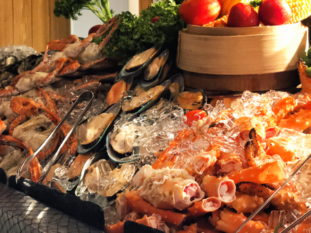 Seafood Buffet bar of lobster, prawns, squid, mussels.の写真素材