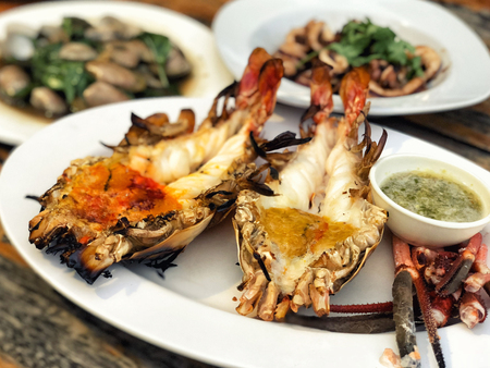 Grilled prawns,Grilled fresh big shrimp with spicy sauce (Thai Food)の写真素材