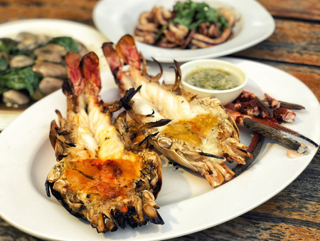 Grilled prawns,Grilled fresh big shrimp with spicy sauce (Thai Food)の写真素材