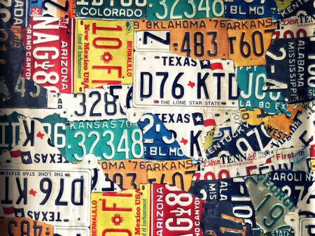Phetchabun, Thailand - september, 15, 2018 : Vintage Vinyl sign plate old car license plates at Route 12 coffee shop at Khao Kho Phetchabun Thailand.の写真素材
