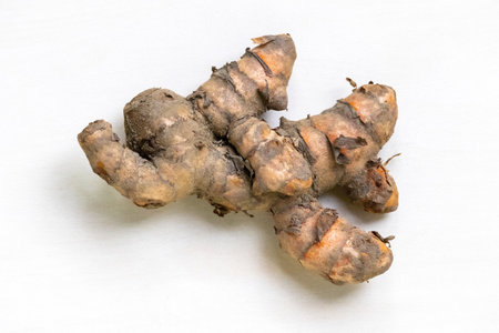 Fresh, raw turmeric root is displayed on a white background.