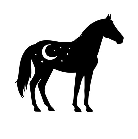 Black silhouette of a horse with crescent moon and stars on a white backgroundのイラスト素材