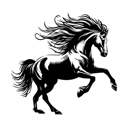 Horse with long mane. Black and white vector illustration.のイラスト素材