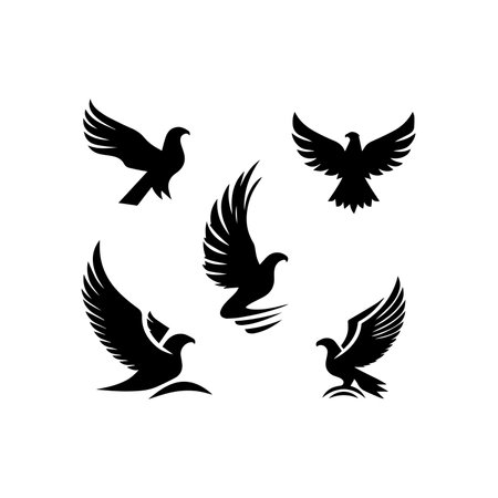 Vector set of flying birds silhouettes isolated on white background. Design element for logo, label, emblem, sign.のイラスト素材