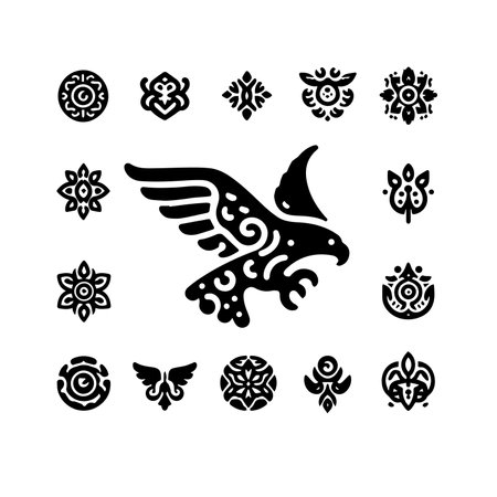 Ornament black icons set on white background. Vector illustration. Silhouette Eagle Solid Iconsのイラスト素材