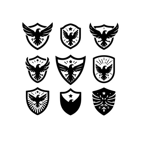 Shields icons set. Heraldic Coat of Arms emblems isolated on white background. Black Silhouette Eagle Solid Icons Setのイラスト素材