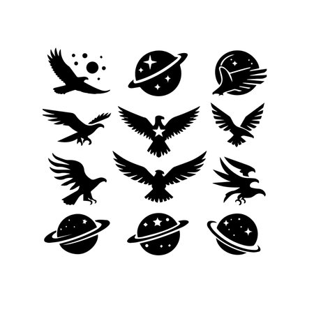 Vector set of black silhouettes of flying birds, planets and stars.  Eagle Solid Icons Setのイラスト素材