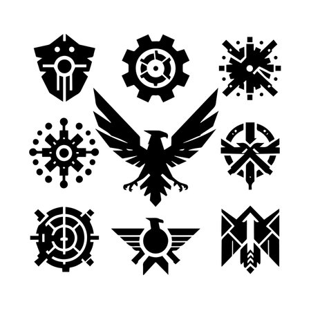 Black Silhouette Eagle Solid icons set. Black and white vector illustration.のイラスト素材