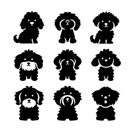 set of cute poodle icons. vector illustration. black and whiteのイラスト素材