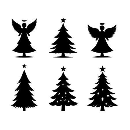 Christmas tree icons set. Black silhouette on white background. Vector illustration.のイラスト素材