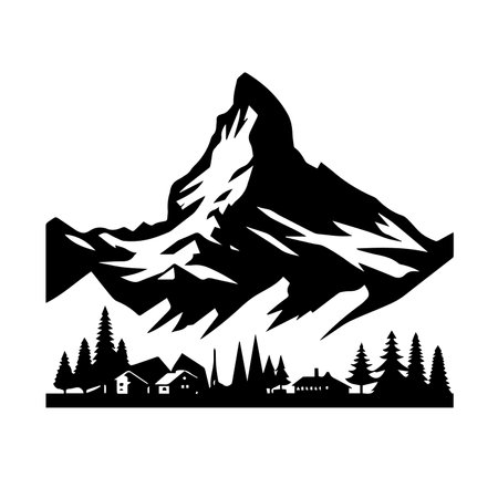 Mountains, forest and houses. Vector illustration on white background.のイラスト素材