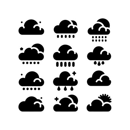 Clouds and rain black glyph icons set. Weather forecast. Meteorology. Weather forecast. Silhouette symbols. Negative space. Vector isolated illustrationのイラスト素材
