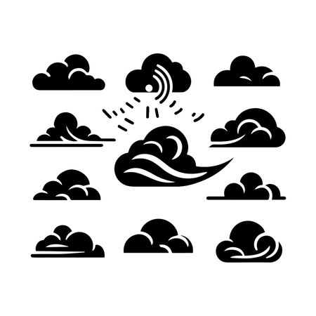 Clouds black glyph icons set on white space. Weather, meteorology, climate change concept. Vector illustrationのイラスト素材