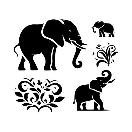 Elephants set. Silhouettes of elephants, flowers, leaves. Vector illustrationのイラスト素材