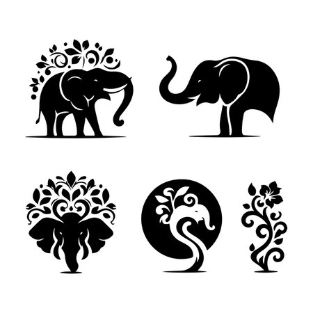 Elephant and flowers set. Black and white vector illustration isolated on white backgroundのイラスト素材