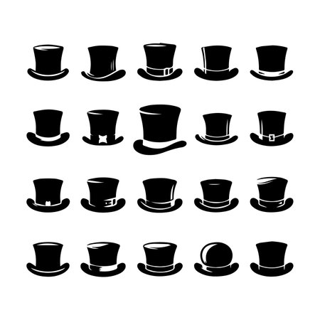 Set of different top hats. Black and white vector illustration isolated on white background.のイラスト素材