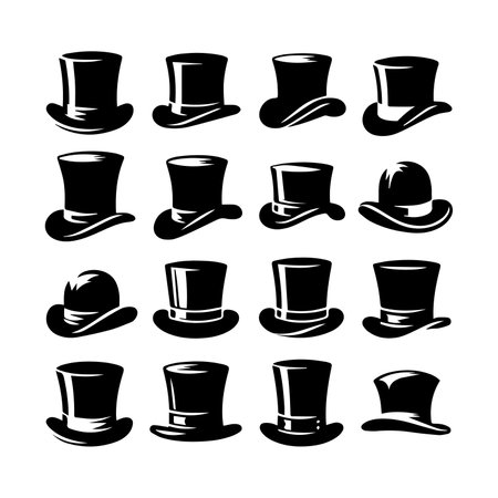 Set of different top hat silhouettes isolated on white background. Vector illustrationのイラスト素材