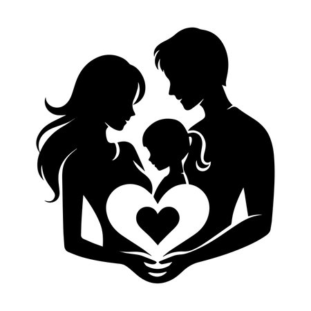Silhouette of a family with a child and a heart.のイラスト素材