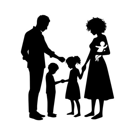 Black silhouette of family with children on white background. Vector illustration.のイラスト素材
