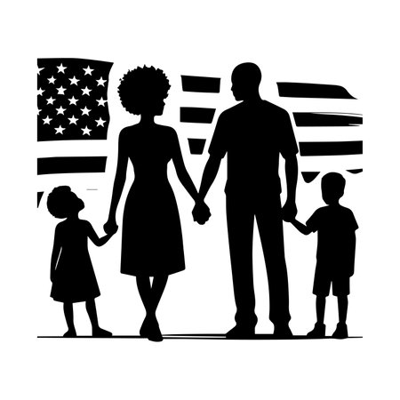 Silhouette of a family with a flag of the United States of Americaのイラスト素材