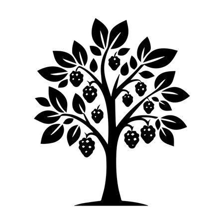 vector black and white berry tree silhouette illustration isolated on white backgroundのイラスト素材