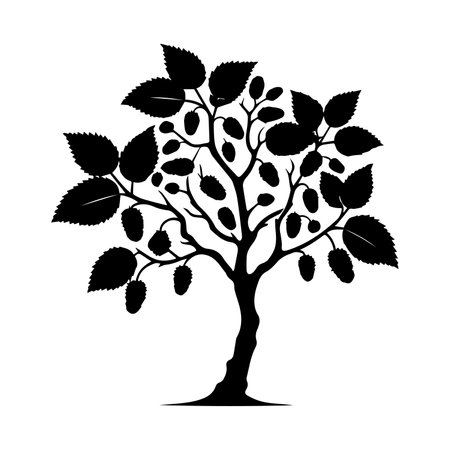 Silhouette of a tree with leaves. Black silhouette on a white background.のイラスト素材