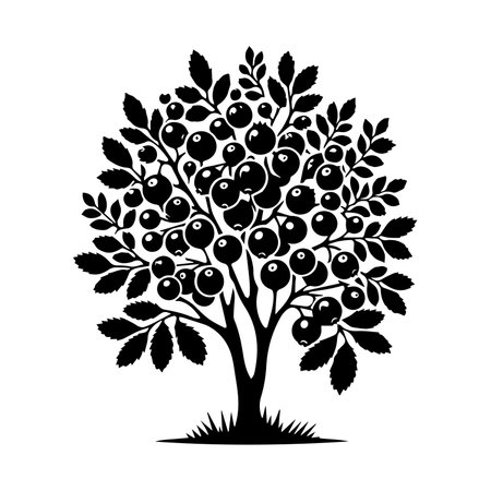 Black and white illustration of a tree with ripe berries and grass.のイラスト素材