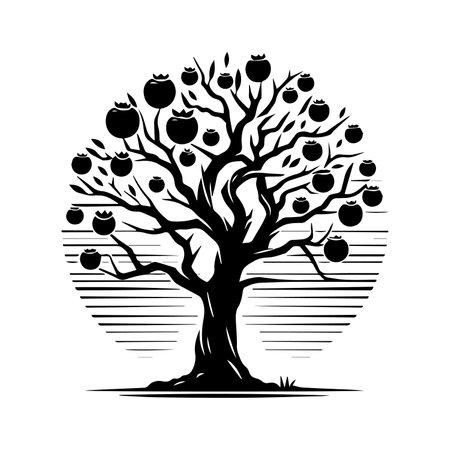 vector apple tree silhouette isolated on white background. Black and white illustrationのイラスト素材