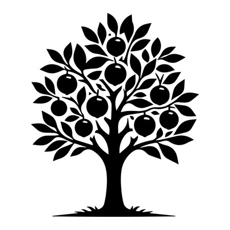 vector black apple tree silhouette isolated on white background, art design elementのイラスト素材