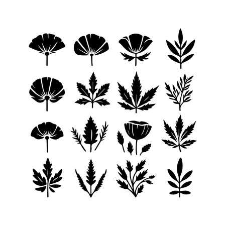Vector set of black silhouettes of poppy flowers on a white backgroundのイラスト素材