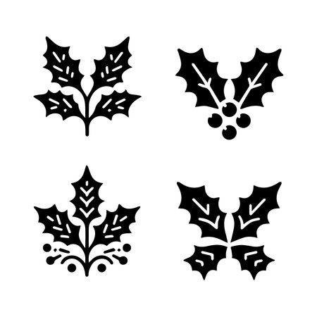 Holly leaf icon set. Black silhouettes on white background. Vector illustration.のイラスト素材