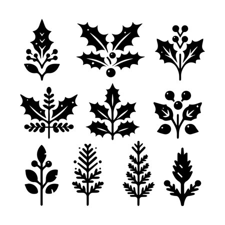 Set of Christmas icons with holly leaves and berries. Vector illustration.のイラスト素材