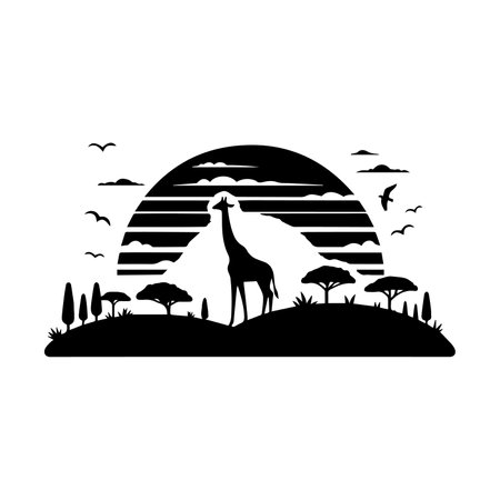 silhouette giraffe animal on the landscape with birds vector illustrationのイラスト素材