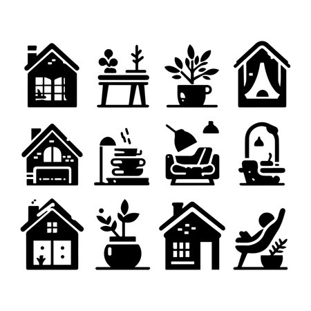Set of house related vector glyph icons. Contains such Icons as house, garden, chair, flowerpot, coffee and more.のイラスト素材