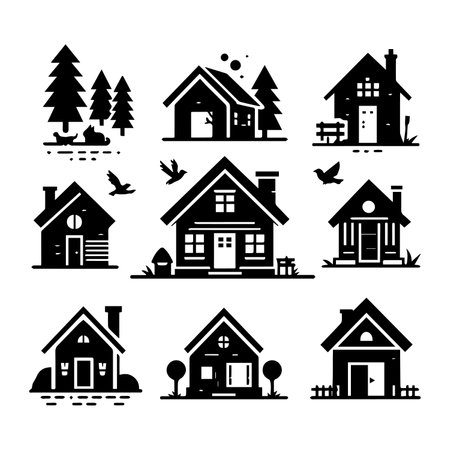 Set of houses with trees and birds isolated on white background. Vector illustration.のイラスト素材