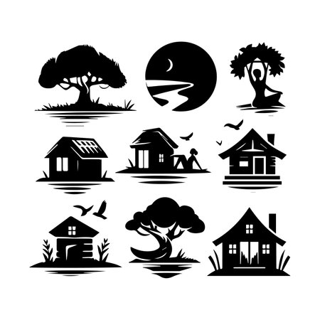 Set of different houses silhouettes on white background. Vector illustration.のイラスト素材