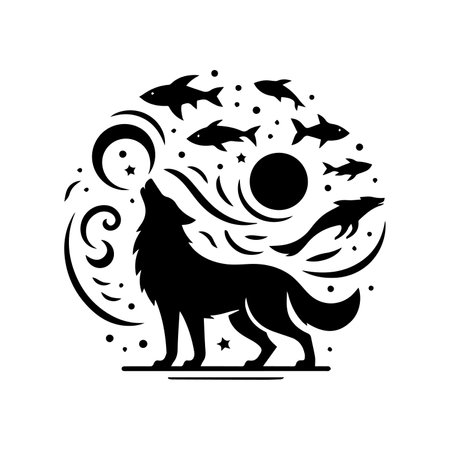 Black silhouette of a wolf on a white background. The symbol of the zodiac.のイラスト素材