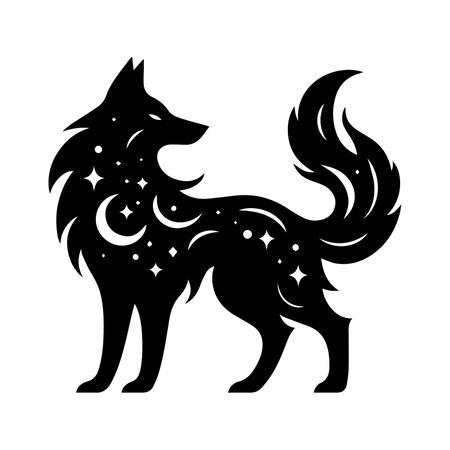 Black silhouette of a wolf with stars and moon. Vector illustration.のイラスト素材