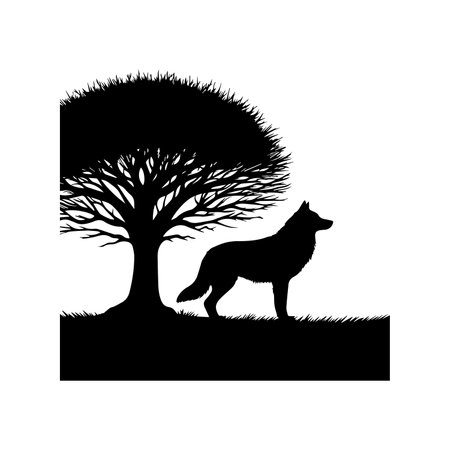 Silhouette of a wolf and a tree. Vector illustration.のイラスト素材