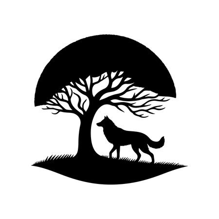 Silhouette of a wolf and a tree on a white backgroundのイラスト素材