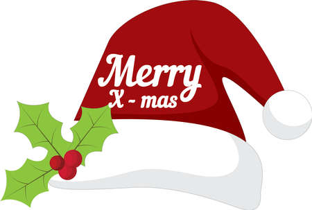 Christmas Cap Santa Claus with three leaves and cherry fruits with the merry x-mas wish on the hat vector graphic designのイラスト素材