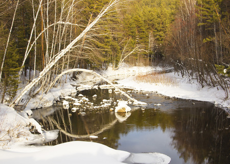 winter runs a river in a river a big stone fell into a river a treeの写真素材