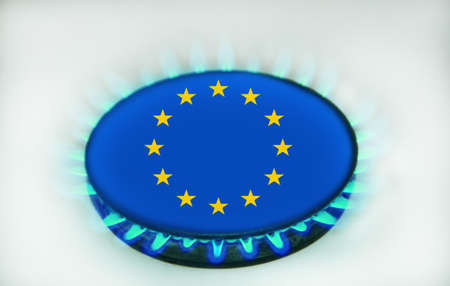 on the background of the flag of Europe burns gas burnerの写真素材